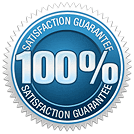 Blue logo badge with 100% satisfaction guarantee shown across the front